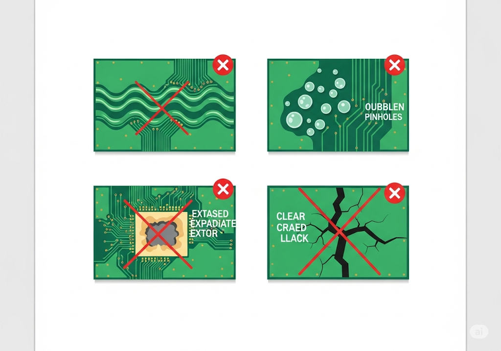 Minh họa các lỗi thường gặp trên lớp phủ keo bảo vệ PCB: không đều, bọt khí, lỗ trống