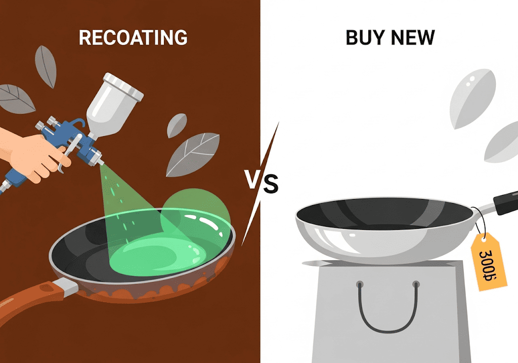 So sánh giữa việc phủ lại chảo và mua chảo chống dính mới."