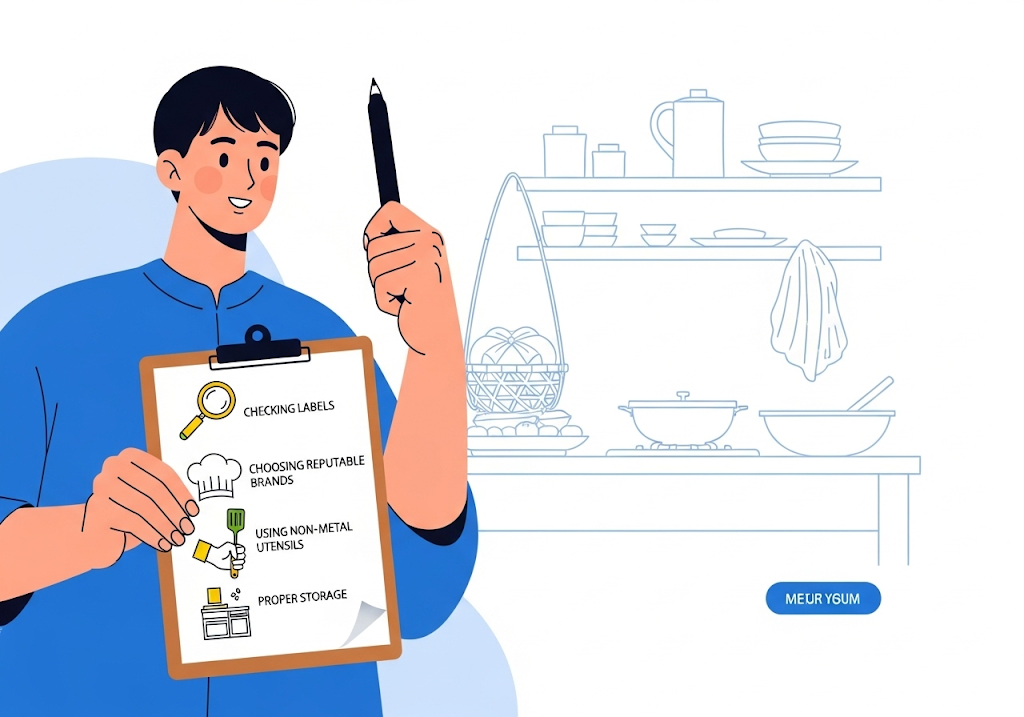 Minh họa một người đang kiểm tra danh sách hướng dẫn chọn mua và sử dụng chảo chống dính an toàn