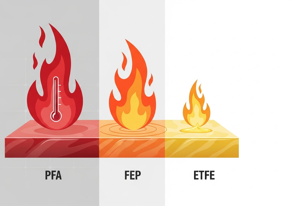 Minh họa so sánh khả năng chịu nhiệt độ cao của các lớp phủ PFA, FEP và ETFE